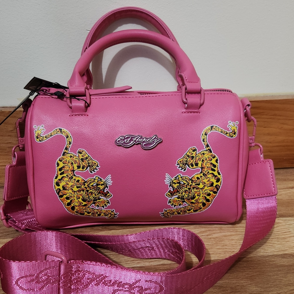 Ed Hardy Pink Crossbody Bag with Tiger Design